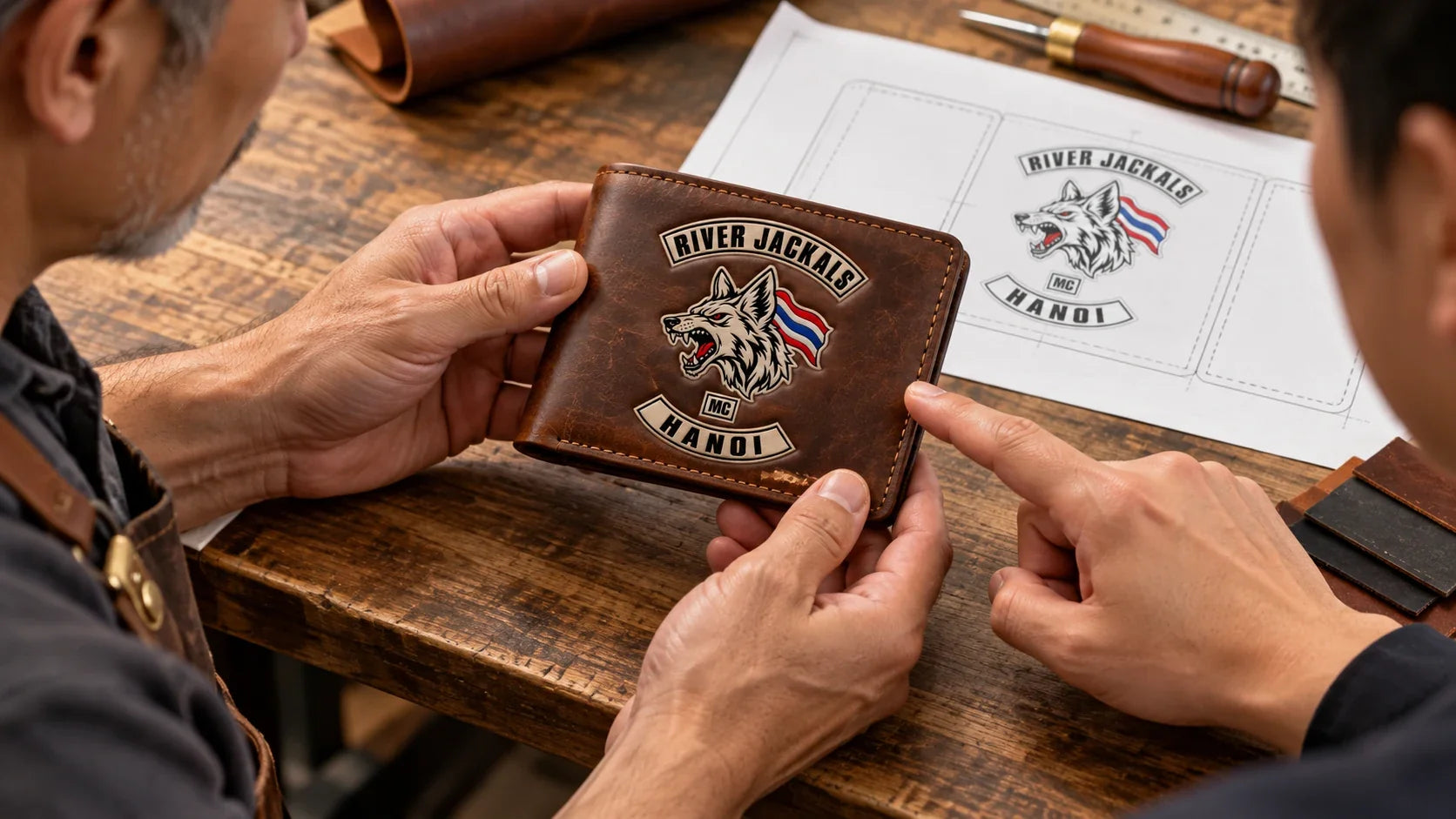 Bone Horizon editorial scene illustrating club logo placement around leather wallet folds, seams, pockets and wear zones: featured.
