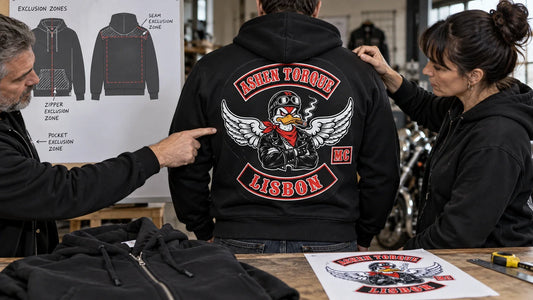 Ashen Torque editorial scene illustrating how to map zipper, pocket, seam and hood interference zones on the exact hoodie blank before placing authorized club artwork: featured.