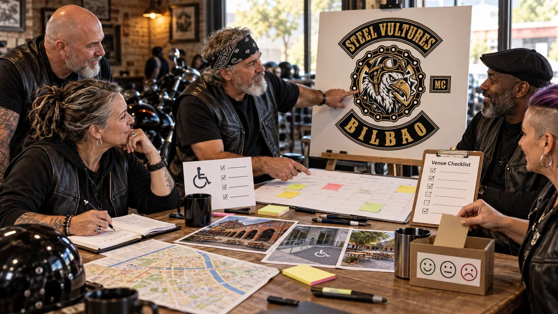 Steel Vultures editorial scene illustrating how to plan meaningful motorcycle club social events by identifying member needs, choosing an accessible format, assigning roles and measuring participation and feedback: featured.