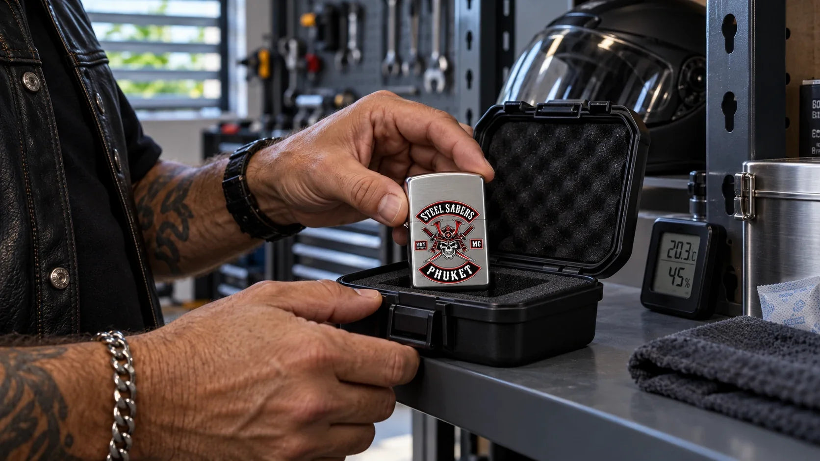 Steel Sabers editorial scene illustrating safe biker lighter storage, fuel removal where appropriate, heat, moisture, ventilation, finish protection and inspection: featured.