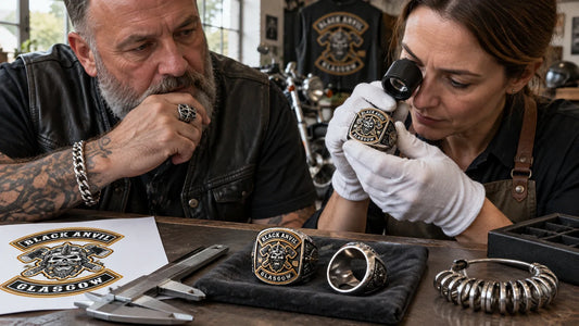 Black Anvil editorial scene illustrating how to assess a biker ring through material disclosure, solid construction, clean edges, secure details, consistent finishing, comfortable fit and a clear returns policy: featured.