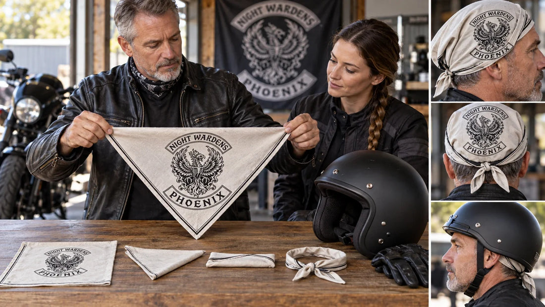 Night Wardens editorial scene illustrating how to fold and tie a square towel or bandana securely without obstructing vision, hearing, helmet fit or ventilation: featured.