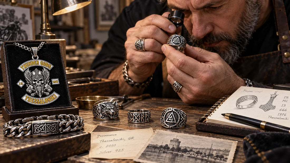 Thunder Gods editorial scene illustrating documenting inscriptions, numbers and acronyms in biker jewelry, provenance, context, personal meaning and authorization: featured.