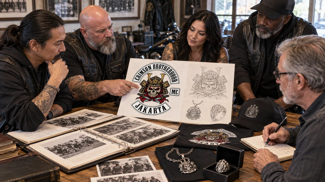 Crimson Brotherhood riders review featured materials for How to Include Club History in Merchandise Design.