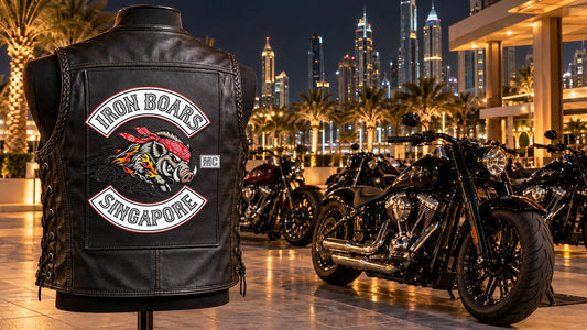 Iron Boars Singapore motorcycle club back patch correctly mounted within a black leather vest back panel at a Dubai night gathering.