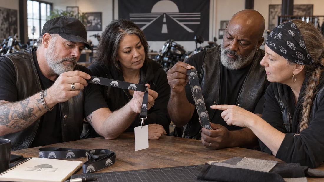 Club organizers review custom lanyard samples for how to make a repeating club logo read correctly on a lanyard.