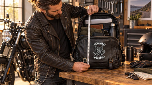 Red Haven editorial scene illustrating leather backpack size, usable capacity, torso fit, strap adjustment, load distribution and motorcycle use: featured.