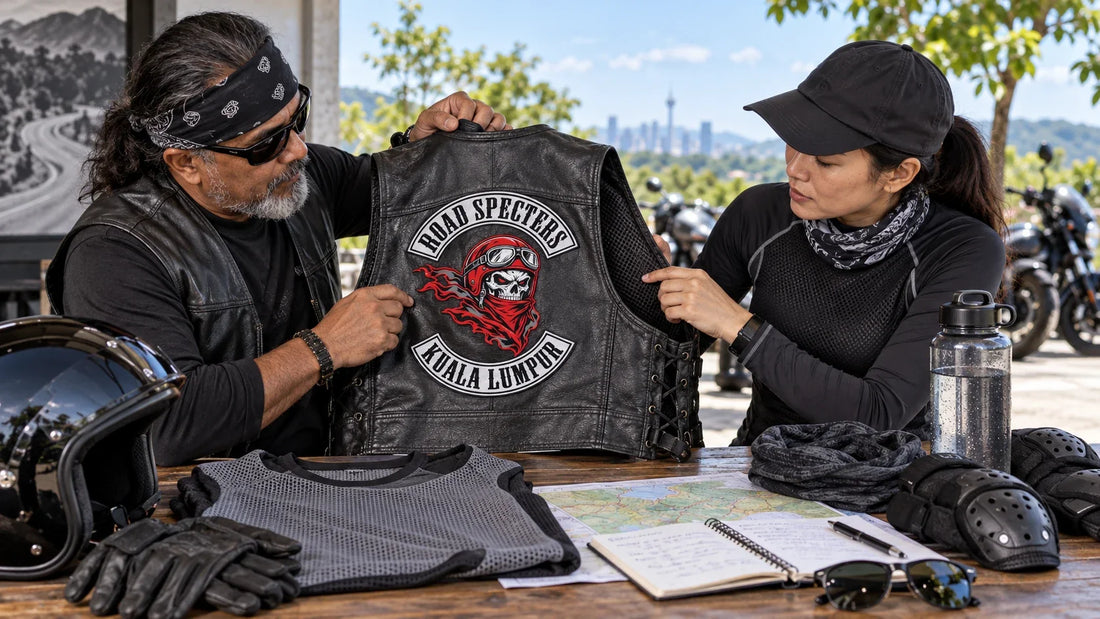 Road Specters editorial scene illustrating how to evaluate a leather vest for warm weather by considering leather weight, lining, fit, airflow, hydration, sun exposure and compatibility with protective riding gear: featured.