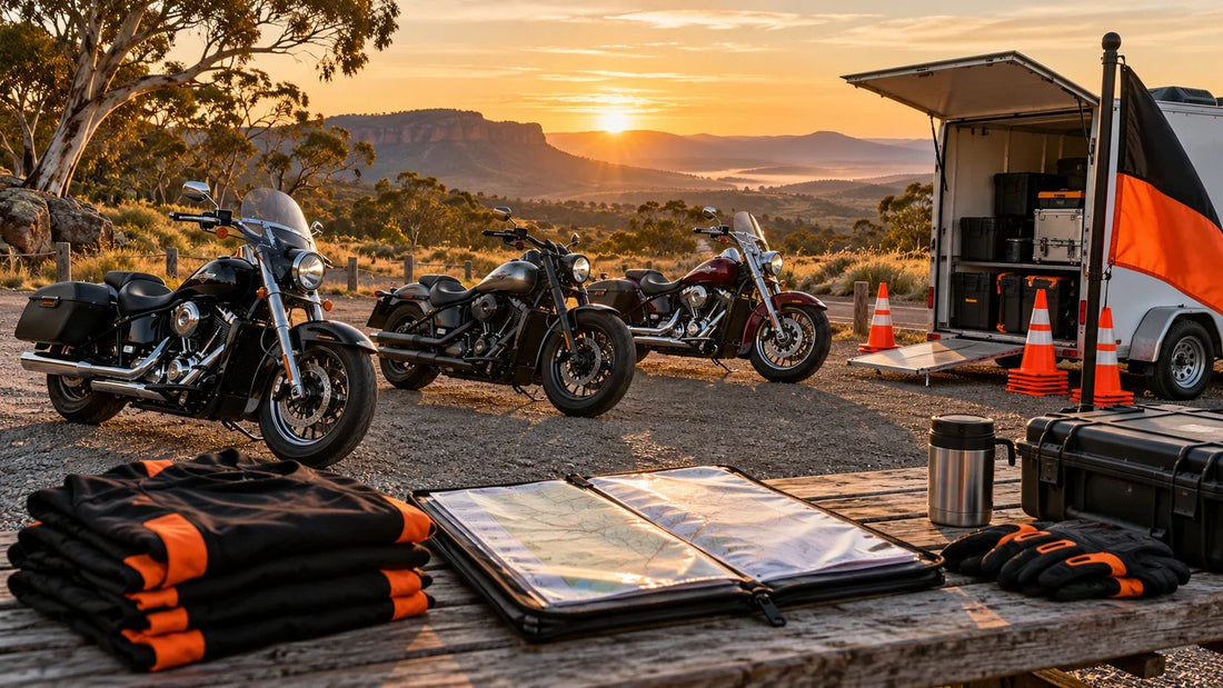 Long-distance motorcycle charity ride staging plan with V-twin cruisers, route folder and support trailer at dawn.