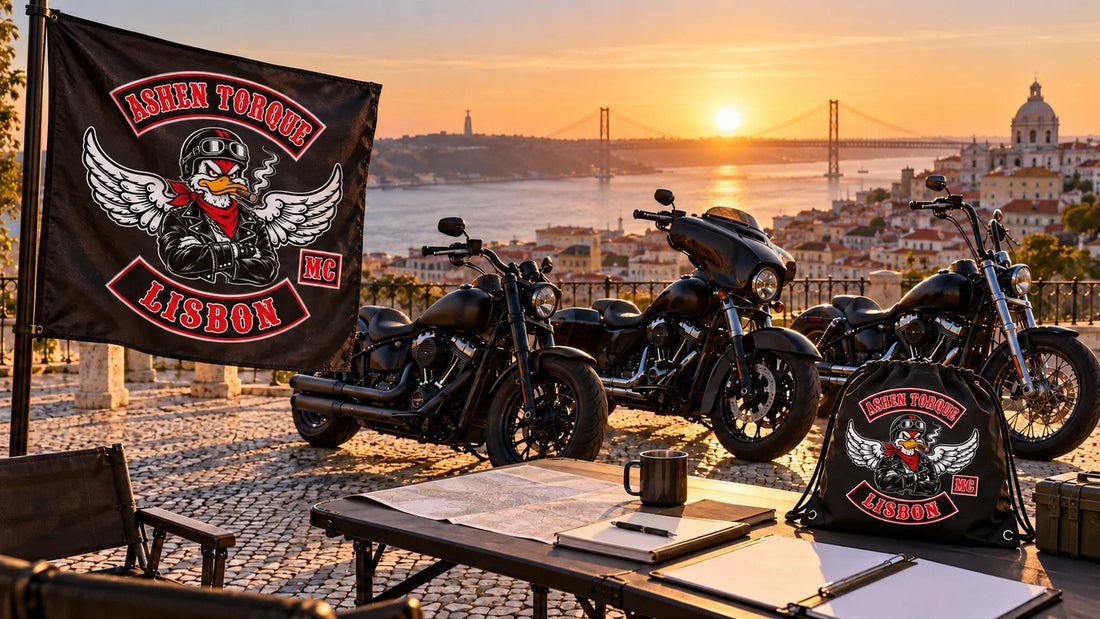 Ashen Torque Lisbon motorcycle club route-card preparation area with logo rally flag and drawstring document bag.