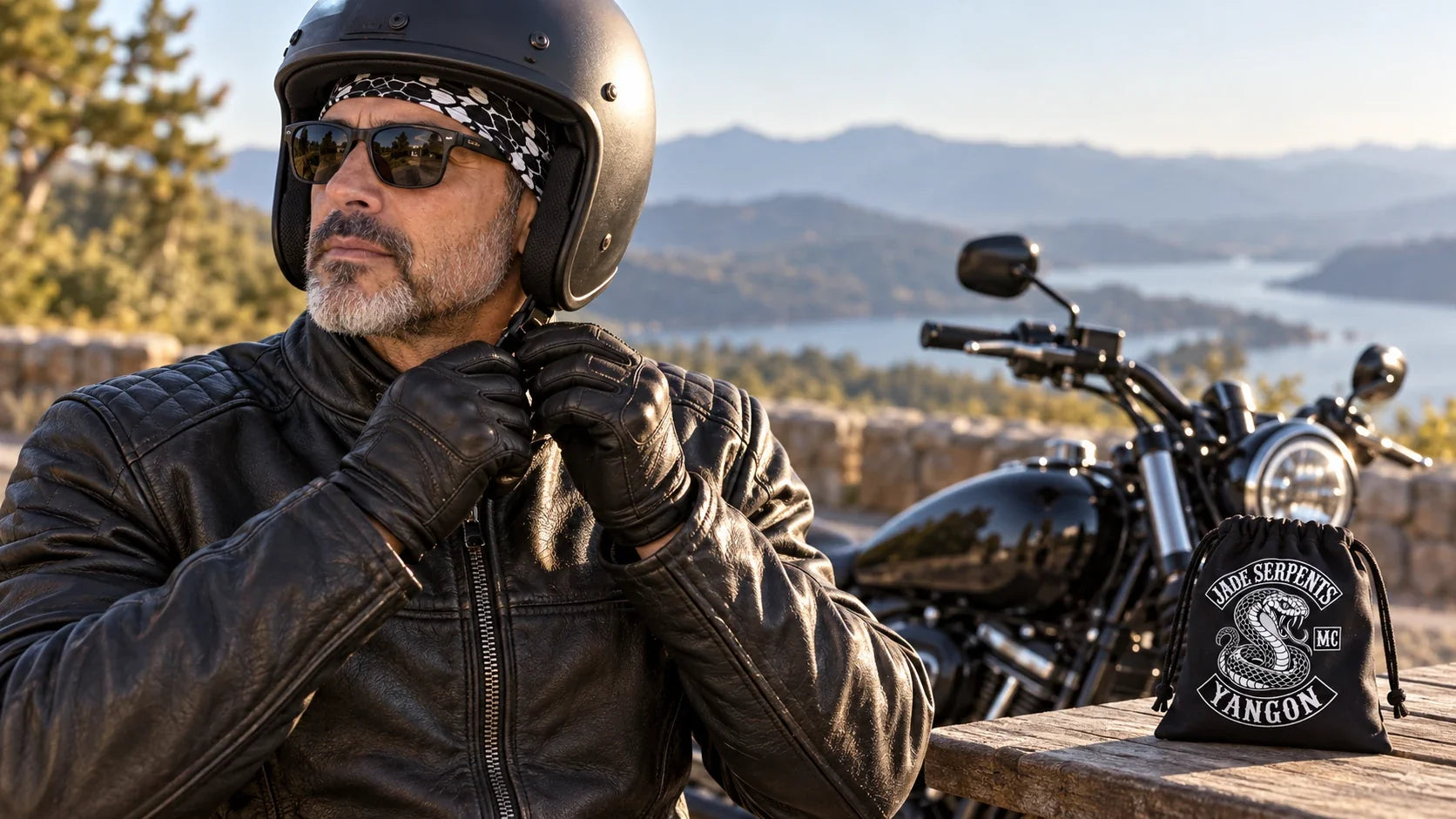 Jade Serpents editorial scene illustrating safe motorcycle bandana fit, helmet compatibility and loose-fabric control: featured.