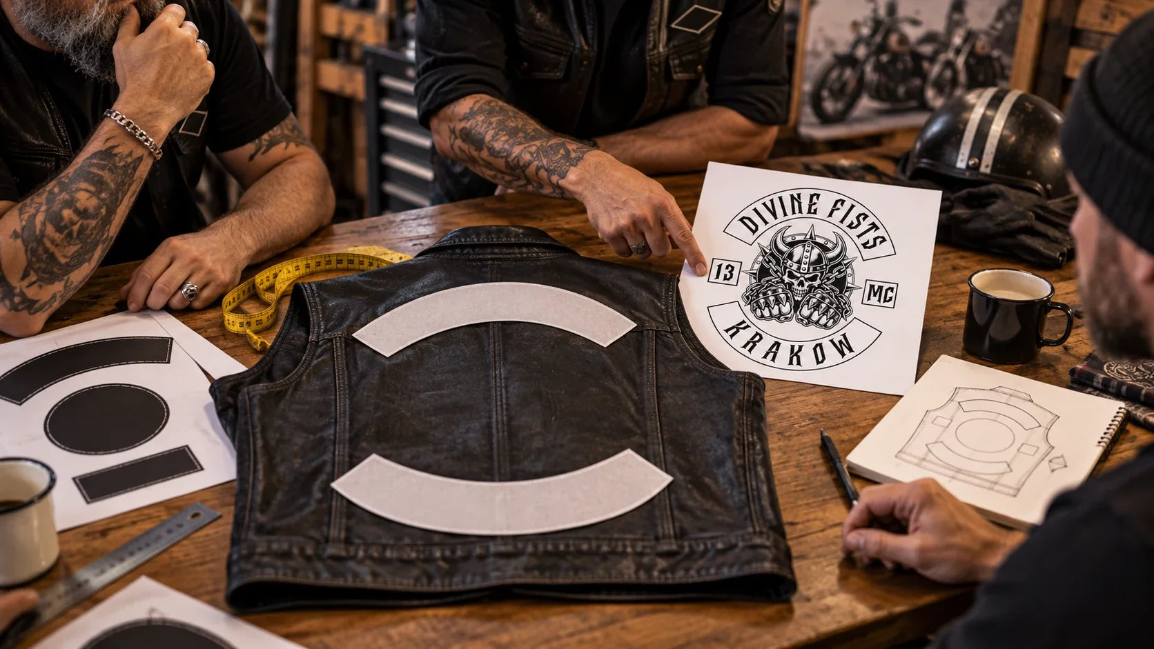 Divine Fists editorial scene illustrating motorcycle club patch etiquette, placement, permission, local context, jacket layout and documented approval: featured.