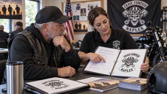 Grave Compass riders reviewing official membership, mission and insignia rules for a military motorcycle club.