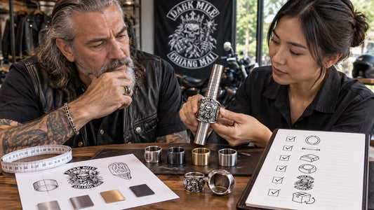Dark Mile editorial scene illustrating how to avoid biker-ring buying mistakes by confirming finger measurement, sizing system, band width, material, interior finish, motif scale, care needs and return policy: featured.