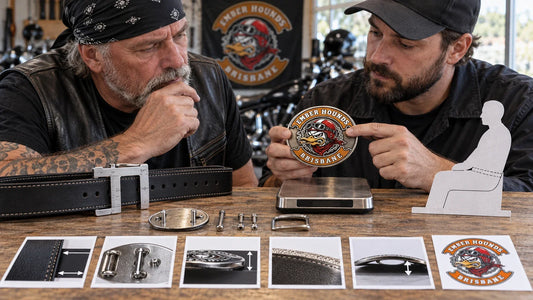 Ember Hounds editorial scene illustrating how to avoid biker belt-buckle buying mistakes by checking belt compatibility, attachment hardware, dimensions, weight, edge finish, seated clearance, motif authorization and return terms: featured.