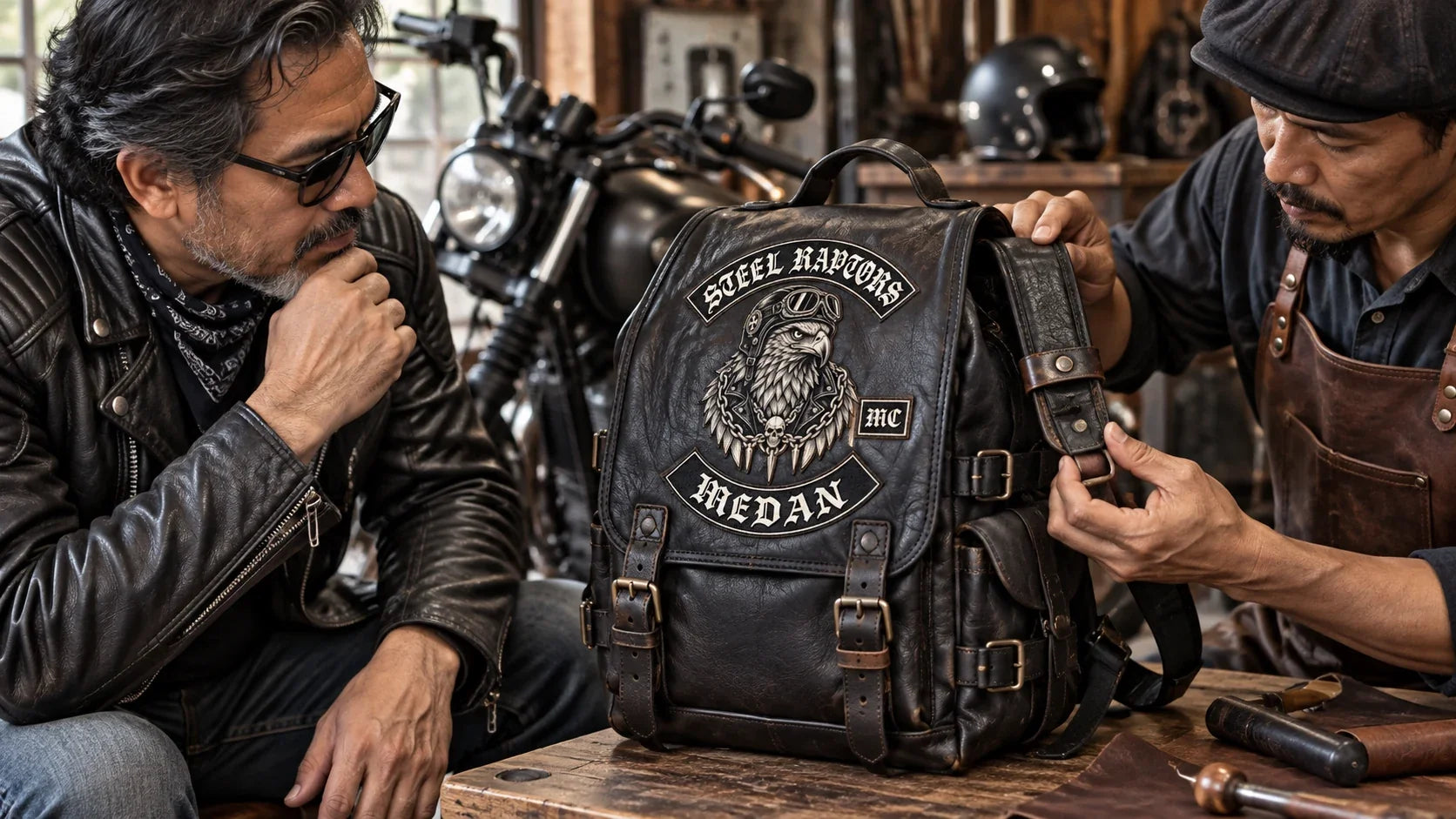 Steel Raptors editorial scene illustrating leather motorcycle backpack fit, strap security, weather protection and load comfort: featured.