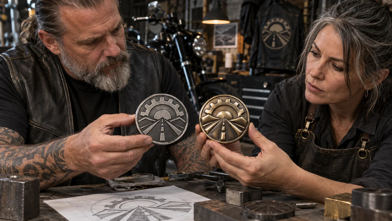 Club organizer and metalwork designer comparing stepped 2D and sculpted 3D motorcycle club pin samples at an inspection bench.