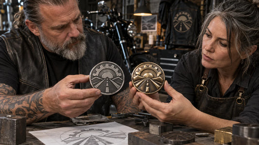 Club organizer and metalwork designer comparing stepped 2D and sculpted 3D motorcycle club pin samples at an inspection bench.