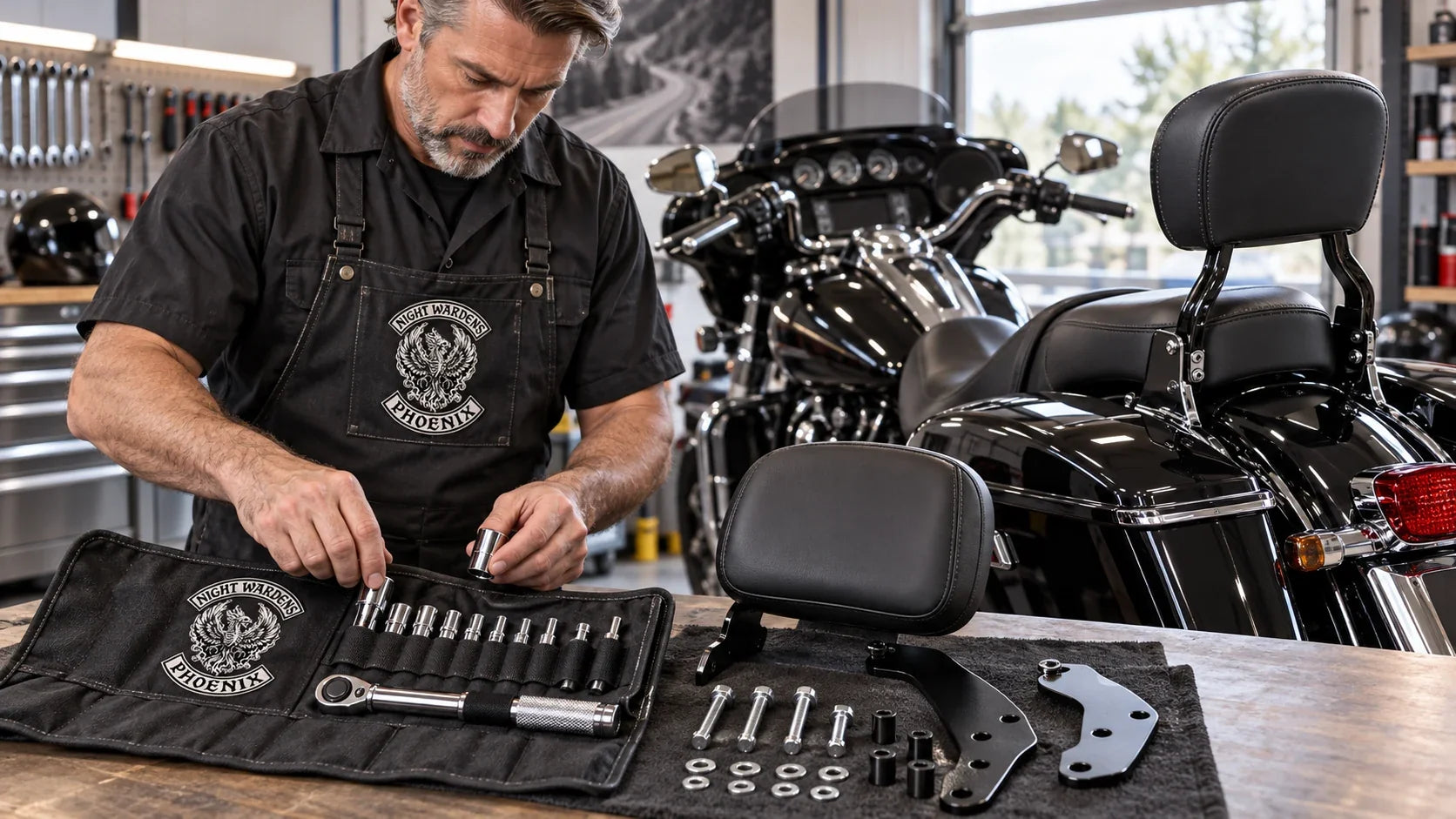 Night Wardens editorial scene illustrating motorcycle backrest compatibility, hardware and safe installation: featured.