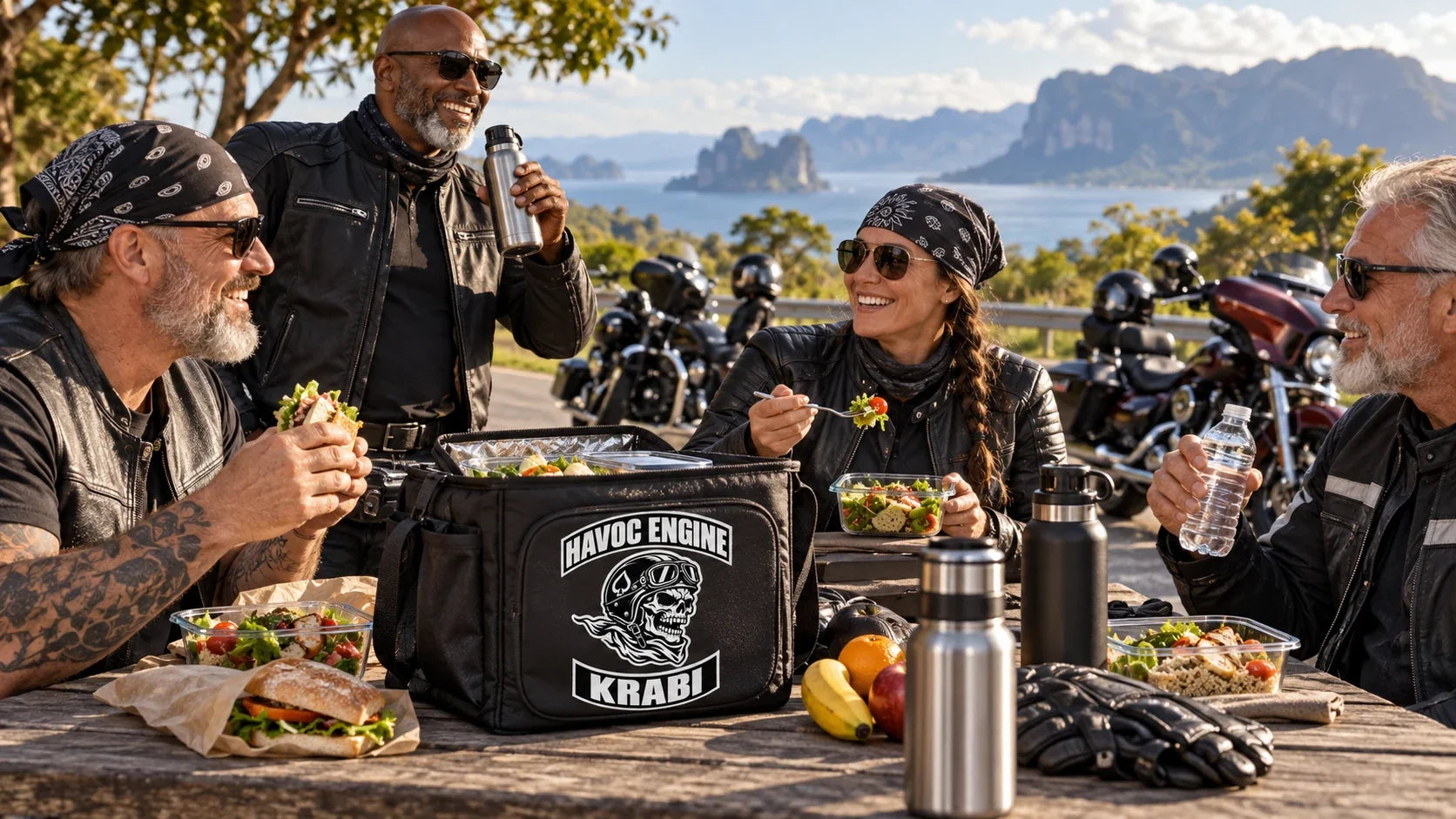 Havoc Engine editorial scene illustrating motorcycle road-trip meals, hydration, food safety and regional food culture: featured.