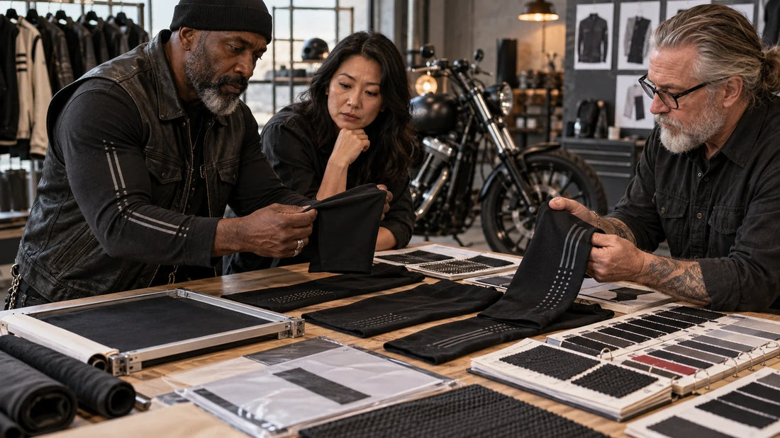 A mature motorcycle club committee reviews arm-sleeve fabrics, decoration samples and supporting evidence.