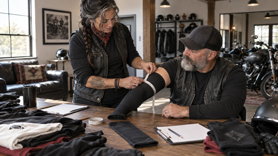Two mature motorcycle club riders prepare upper-arm, wrist and sleeve-length measurements for a custom arm sleeve order.
