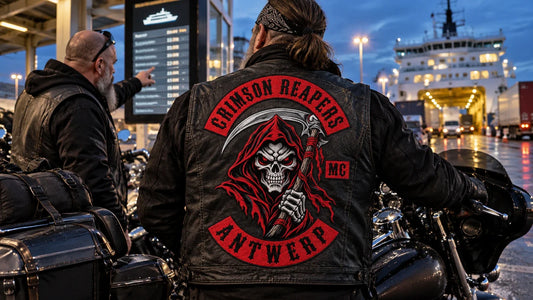 Crimson Reapers Antwerp embroidered motorcycle club back patch on a touring vest during a Paris–Nordkapp registration status check