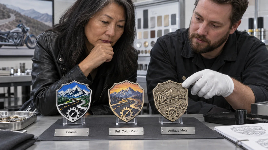 Club organizer and technician comparing enamel, printed-color and bare-metal badge samples with the same design.