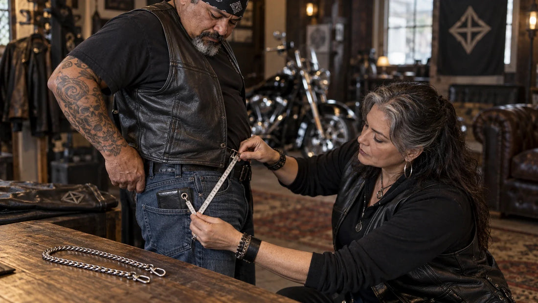 A mature rider and club organizer measure the route between a wallet eyelet and belt attachment.