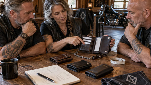 Three mature motorcycle club organizers evaluate a biker wallet layout using blank cards, folded paper and a sample wallet.