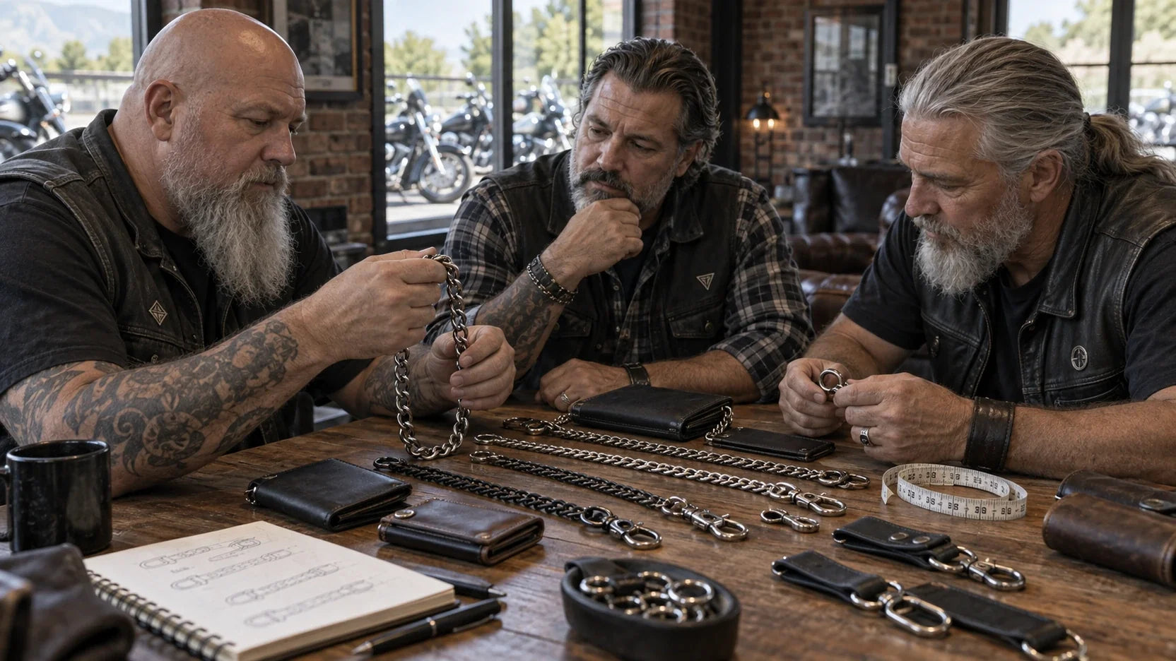 Three mature motorcycle club riders compare unbranded wallet-chain attachments and finished lengths at a clubhouse table.