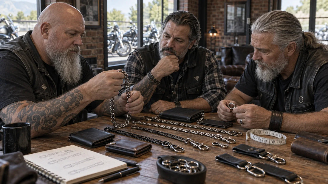 Three mature motorcycle club riders compare unbranded wallet-chain attachments and finished lengths at a clubhouse table.
