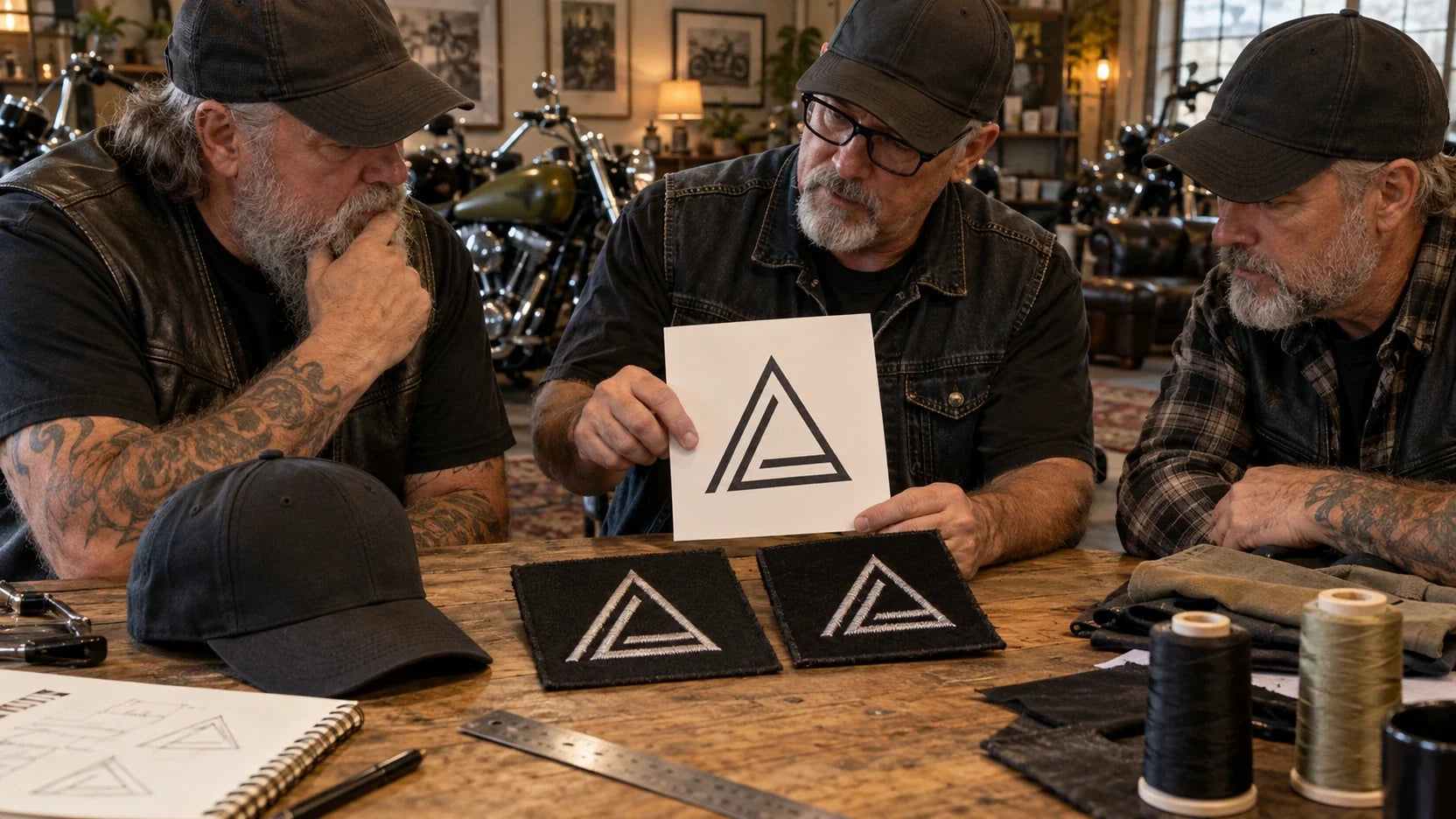 Three motorcycle club artwork reviewers adapt an abstract wordless emblem for an embroidered cap front.