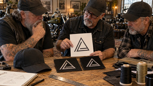 Three motorcycle club artwork reviewers adapt an abstract wordless emblem for an embroidered cap front.