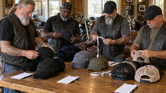 Four motorcycle club quartermasters prepare a cap-size and closure roster with unbranded samples.