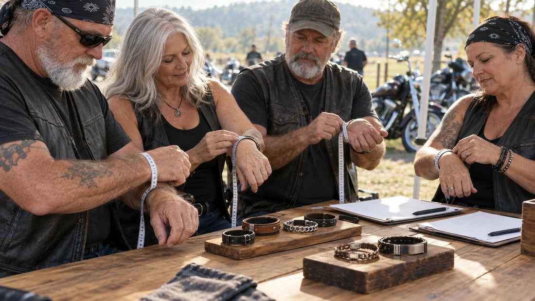 Four mature V-twin riders compare wrist measurements with finished bracelet samples.