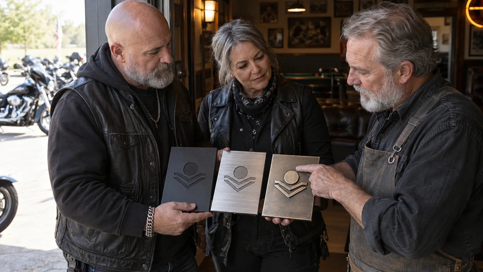 Club organizers compare commemorative plaque finish samples at a sheltered clubhouse doorway.