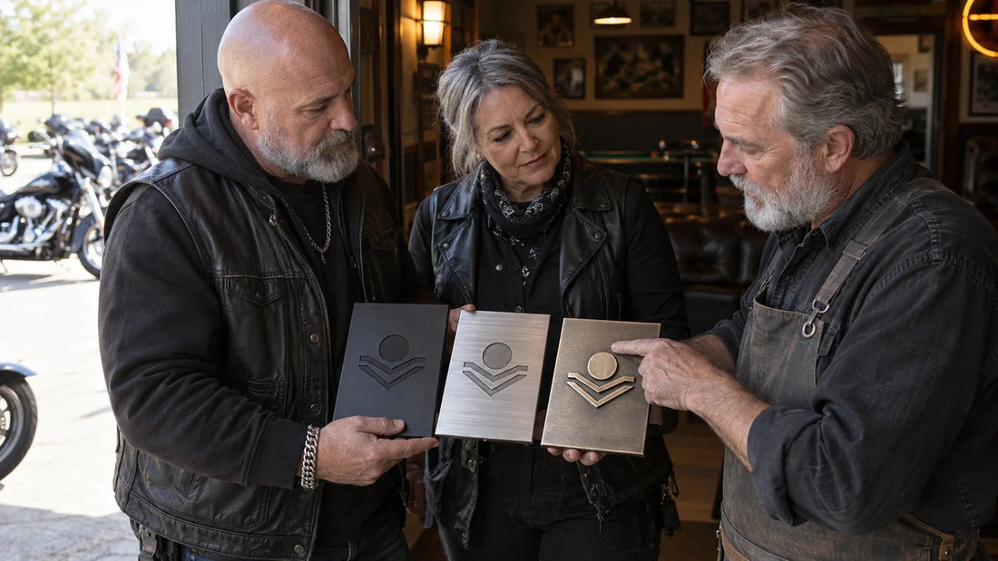 Club organizers compare commemorative plaque finish samples at a sheltered clubhouse doorway.