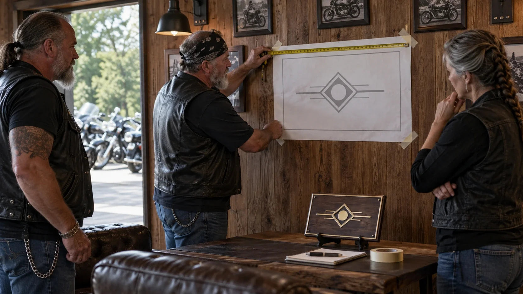 Mature motorcycle club members measure a clubhouse display position with a full-size plaque template.
