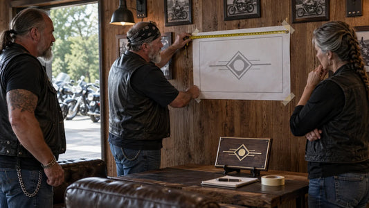 Mature motorcycle club members measure a clubhouse display position with a full-size plaque template.