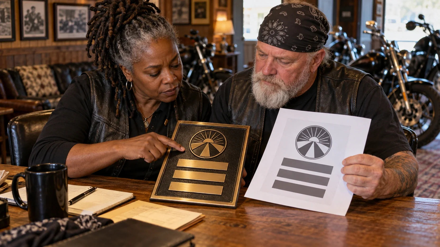 Two mature club officers review a commemorative plaque and its full-size inscription proof.