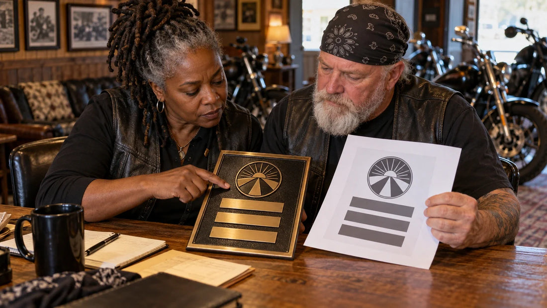 Two mature club officers review a commemorative plaque and its full-size inscription proof.