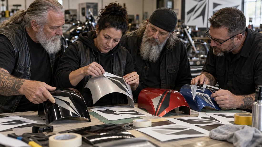 Motorcycle club organizers and a print technician assess decal samples on curved painted test coupons.
