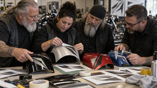 Motorcycle club organizers and a print technician assess decal samples on curved painted test coupons.