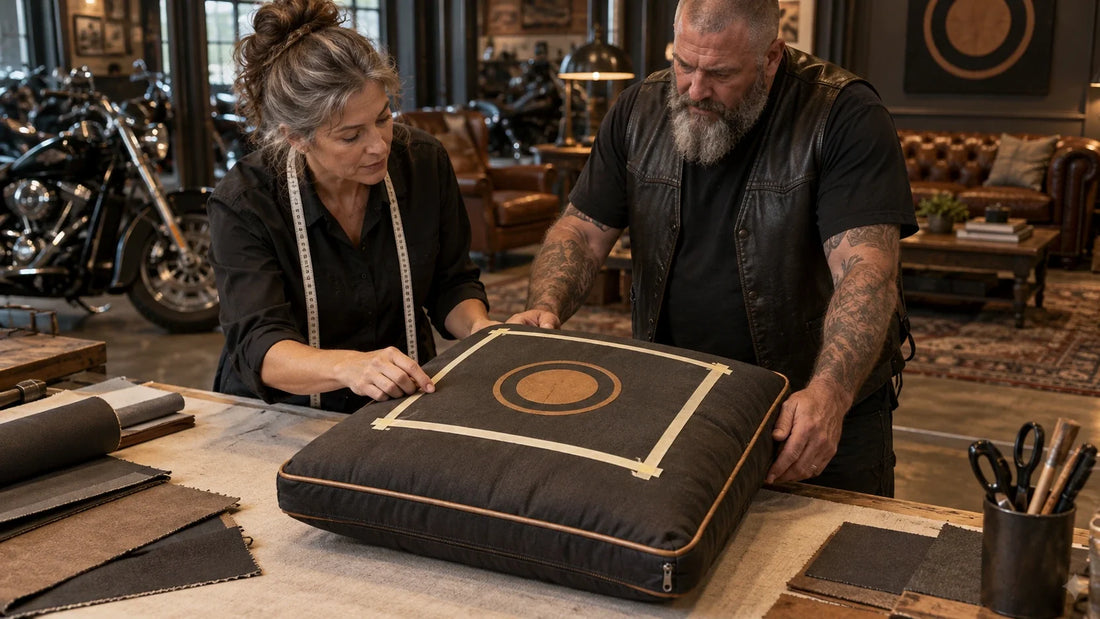 A motorcycle club organizer and textile specialist inspect emblem placement on a curved filled cushion.
