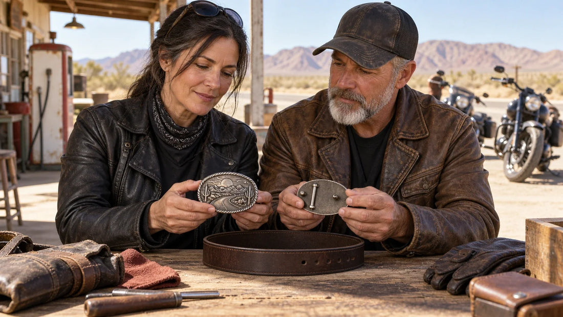 Two mature V-twin riders compare a custom belt buckle with the leather belt it must fit.