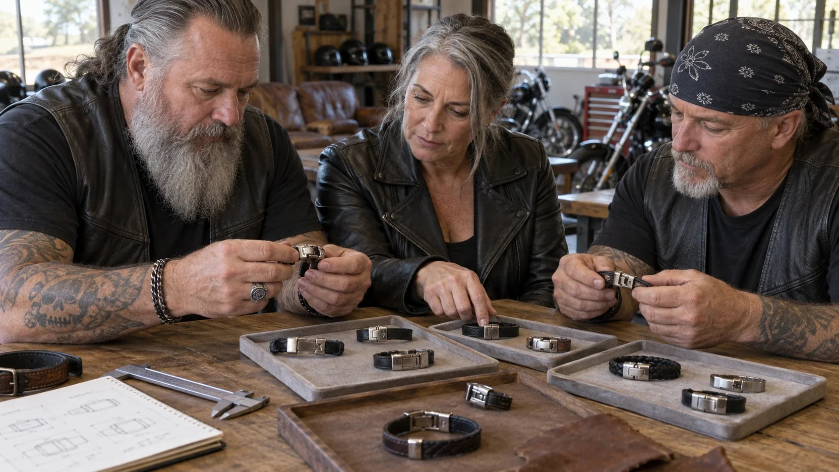 Three mature riders compare different custom bracelet clasp samples at a daylight counter.