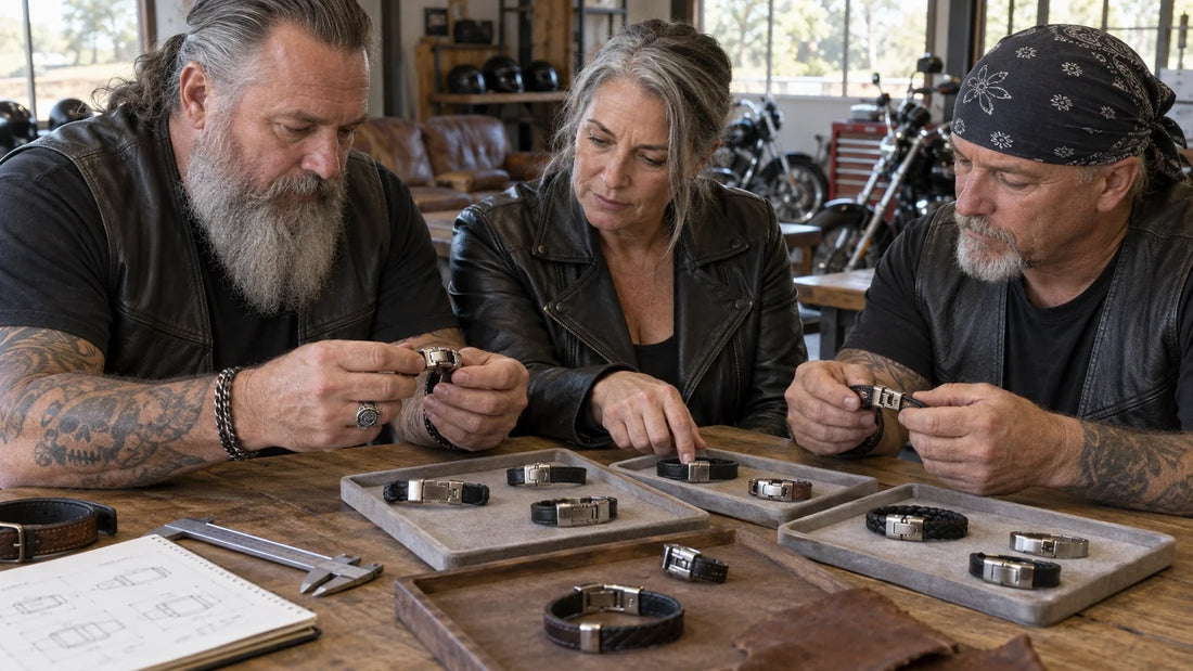 Three mature riders compare different custom bracelet clasp samples at a daylight counter.
