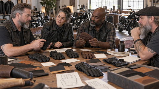 Four mature motorcycle club organizers compare unbranded glove samples and measurement notes at a workshop table.