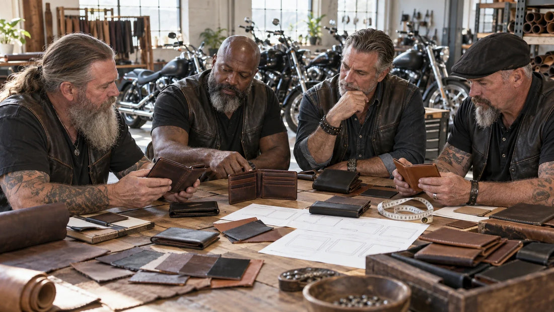 Four mature motorcycle club organizers compare open and folded custom wallet samples at a leather workshop table.